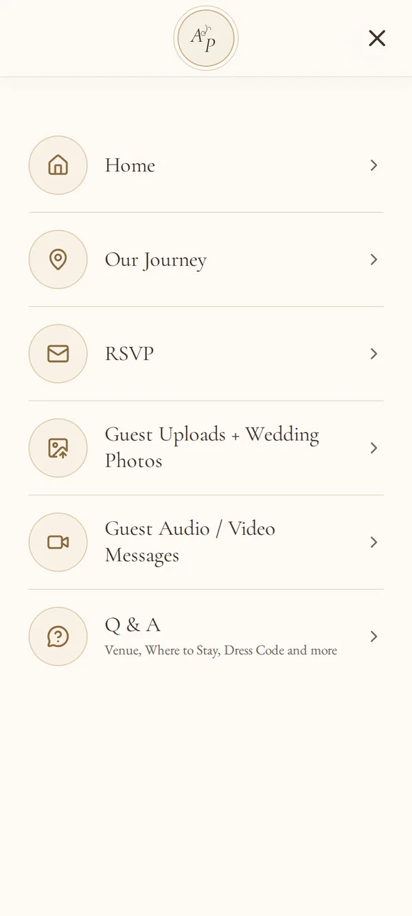 Menu screen of the Aiden and Paige wedding app