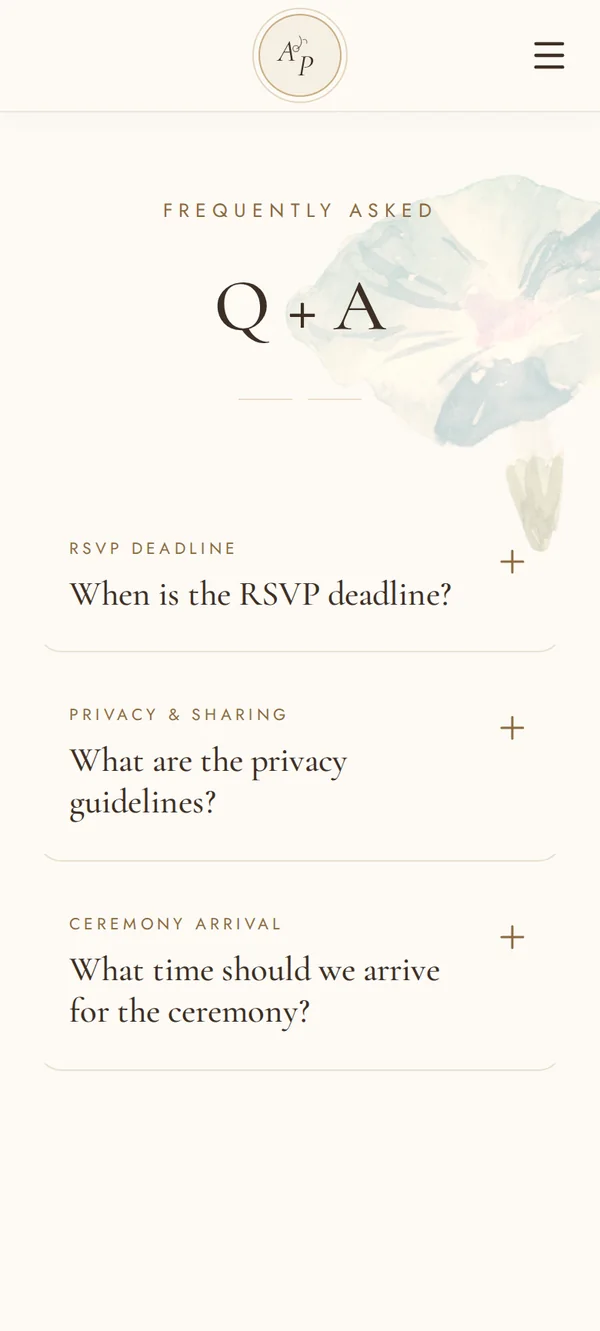 Q and A screen with RSVP deadline, privacy and ceremony arrival questions