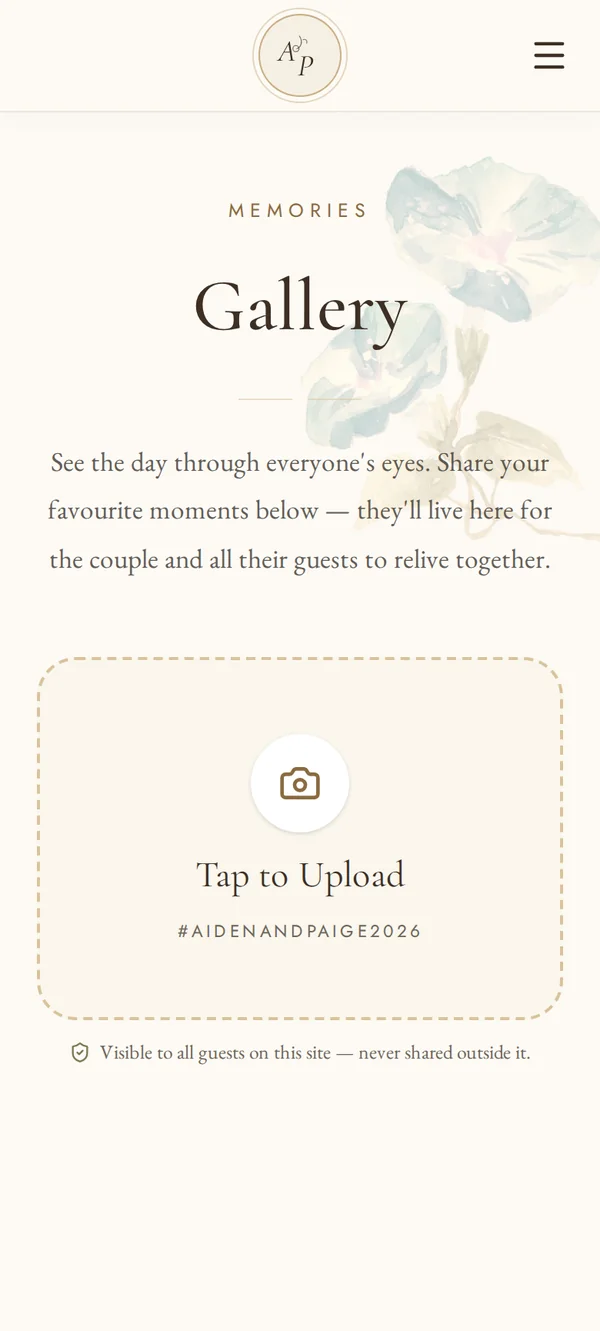 Upload screen of the Aiden and Paige wedding app