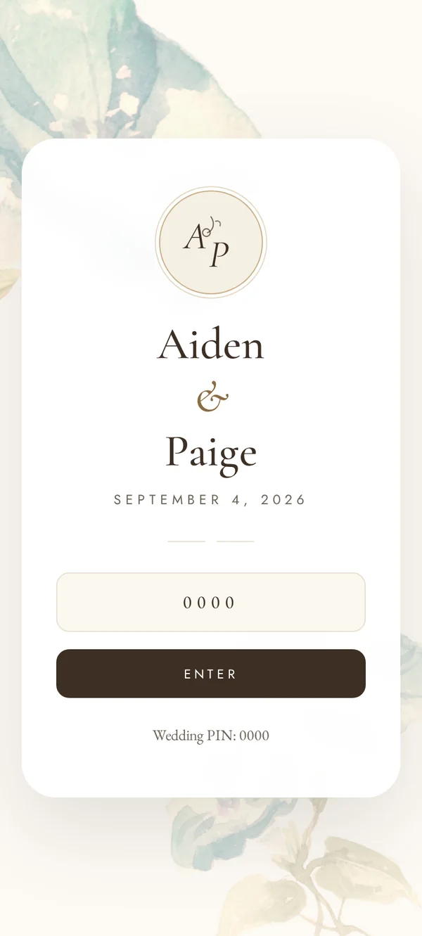 Wedding PIN entry screen of the Aiden and Paige wedding app