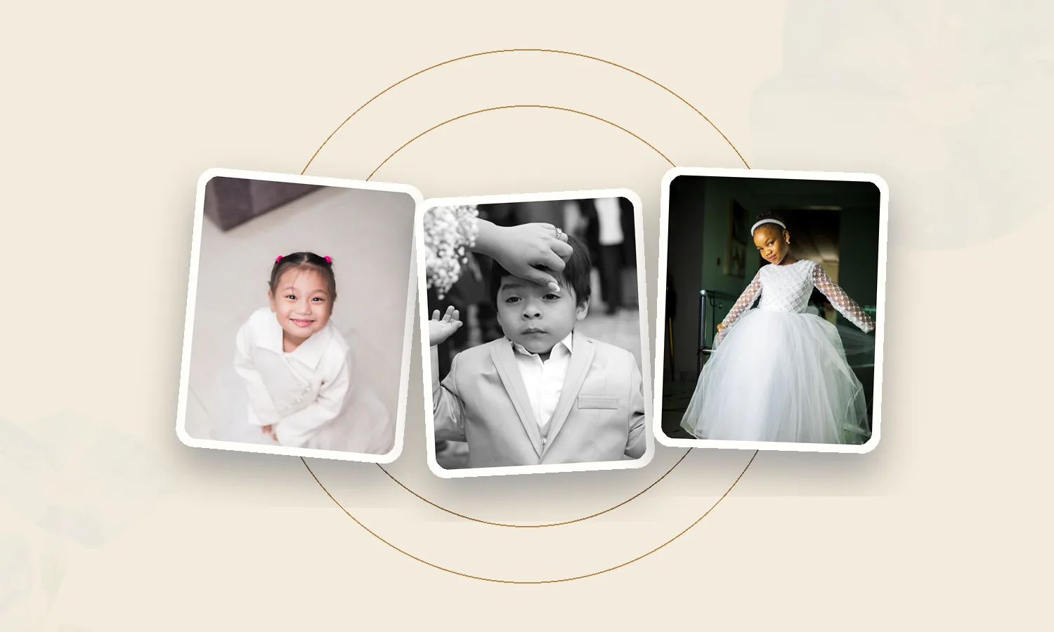 Portraits of a flower girl, a ring bearer and a second flower girl in wedding attire