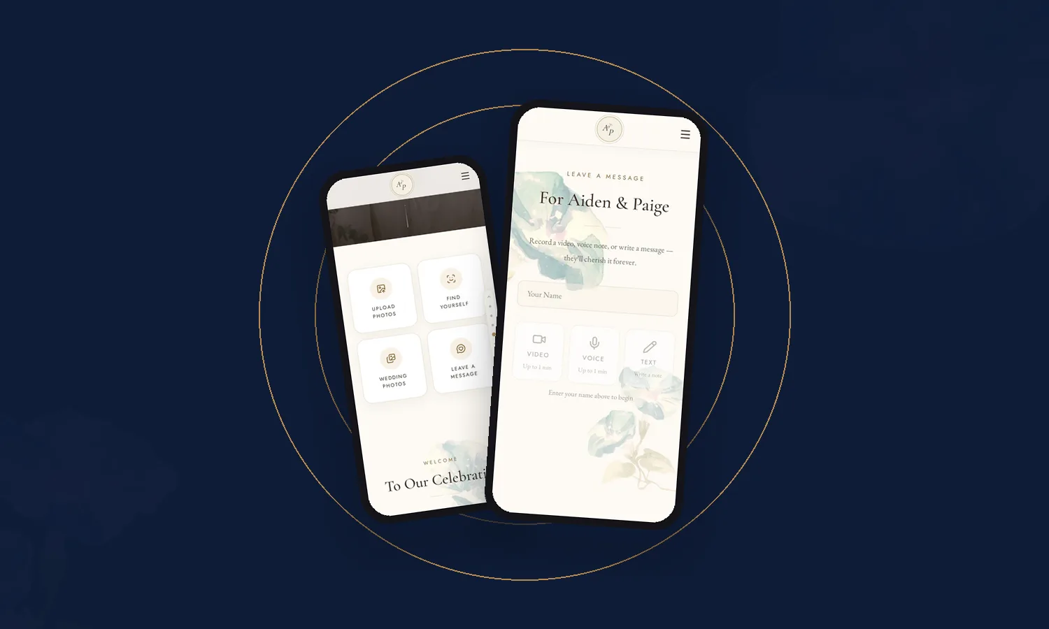 A wedding app's Leave a Message screen with video, voice and text options