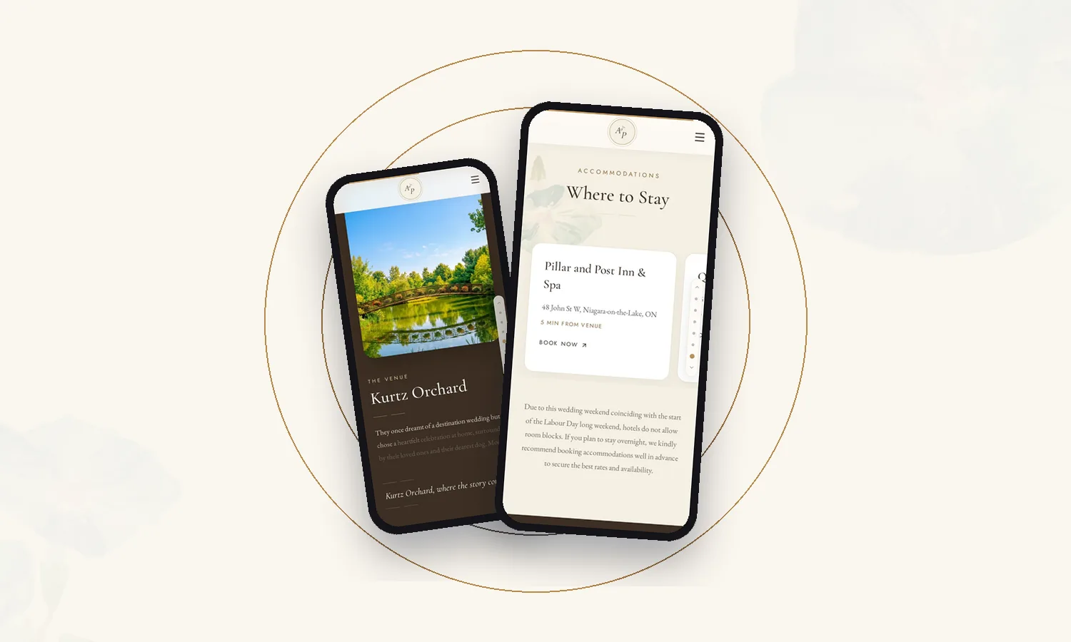 A wedding app's Where to Stay screen listing nearby hotels, beside the venue screen