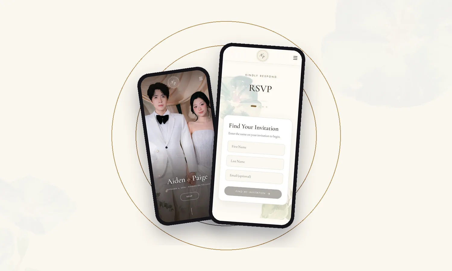 A wedding app RSVP screen asking guests to find their invitation, beside the couple's welcome screen