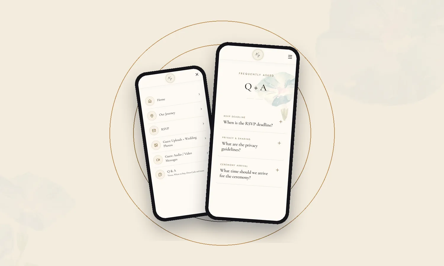 A wedding app's Q and A screen with RSVP deadline, privacy and ceremony arrival questions