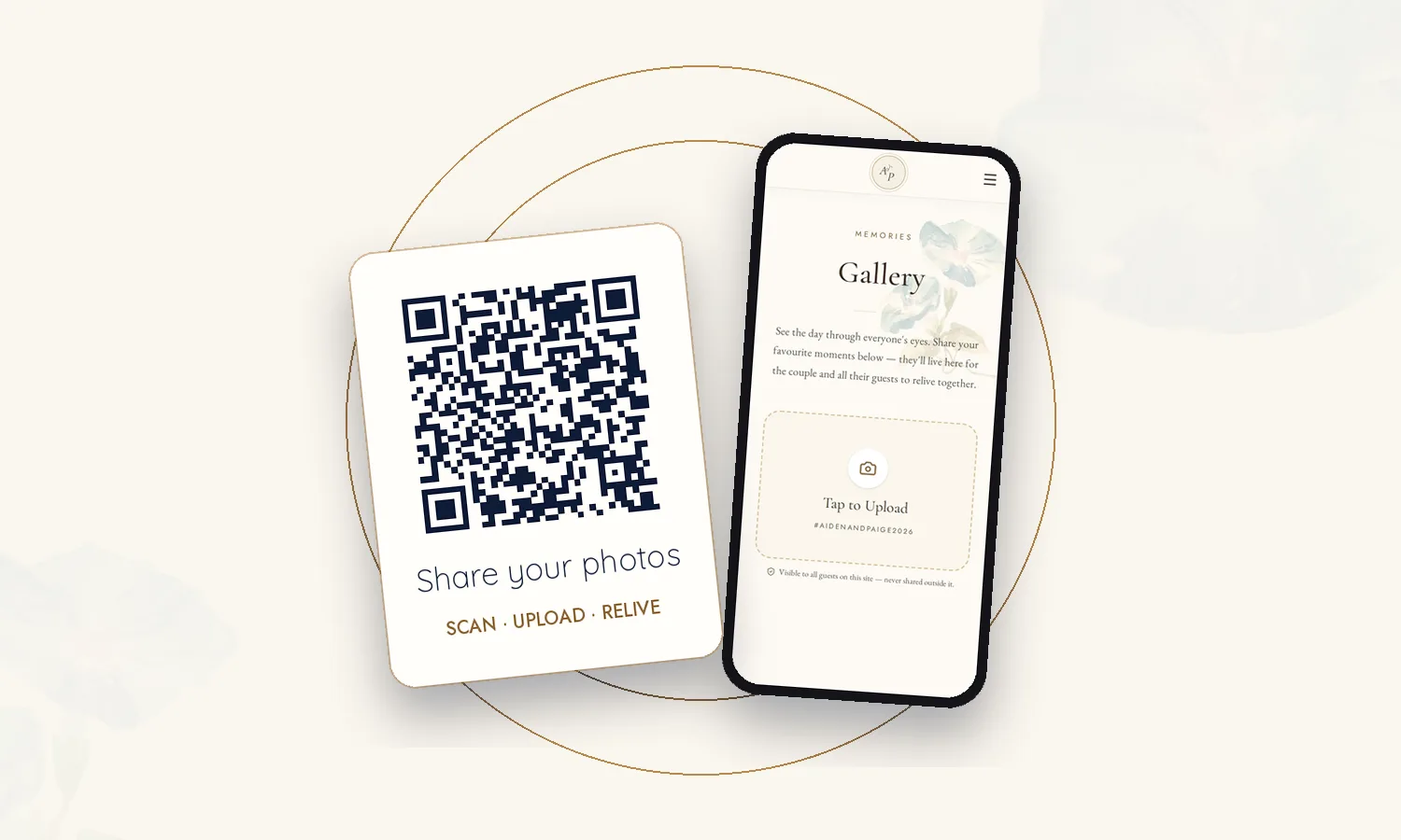 A QR card reading 'Share your photos' beside a phone showing a wedding gallery upload screen