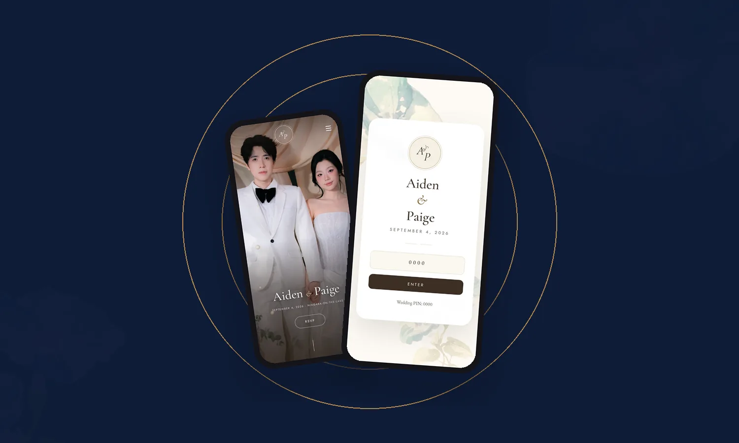 A wedding app's PIN entry screen beside the couple's welcome screen