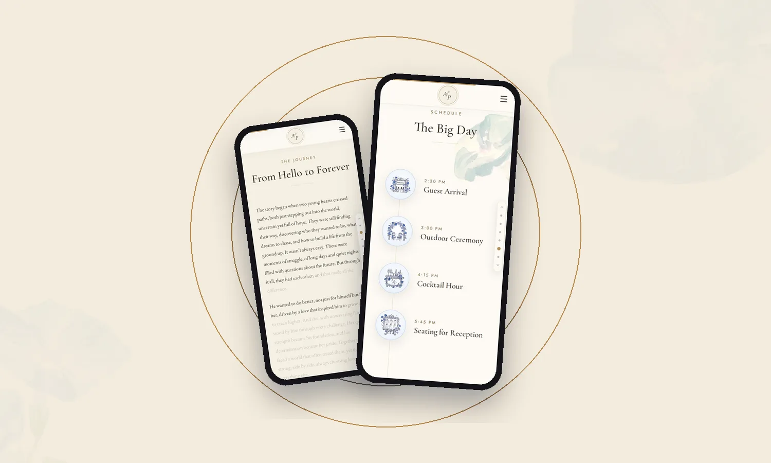 A wedding app schedule screen listing guest arrival, outdoor ceremony and cocktail hour, beside the couple's story screen